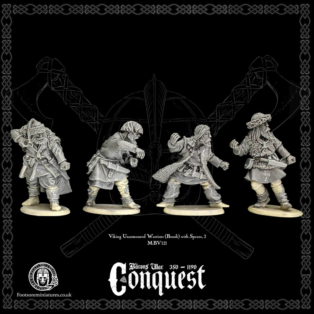 Viking Unarmoured Warriors (Bondi) with Spears, 2, for Footsore Miniatures 'Conquest' Vikings.