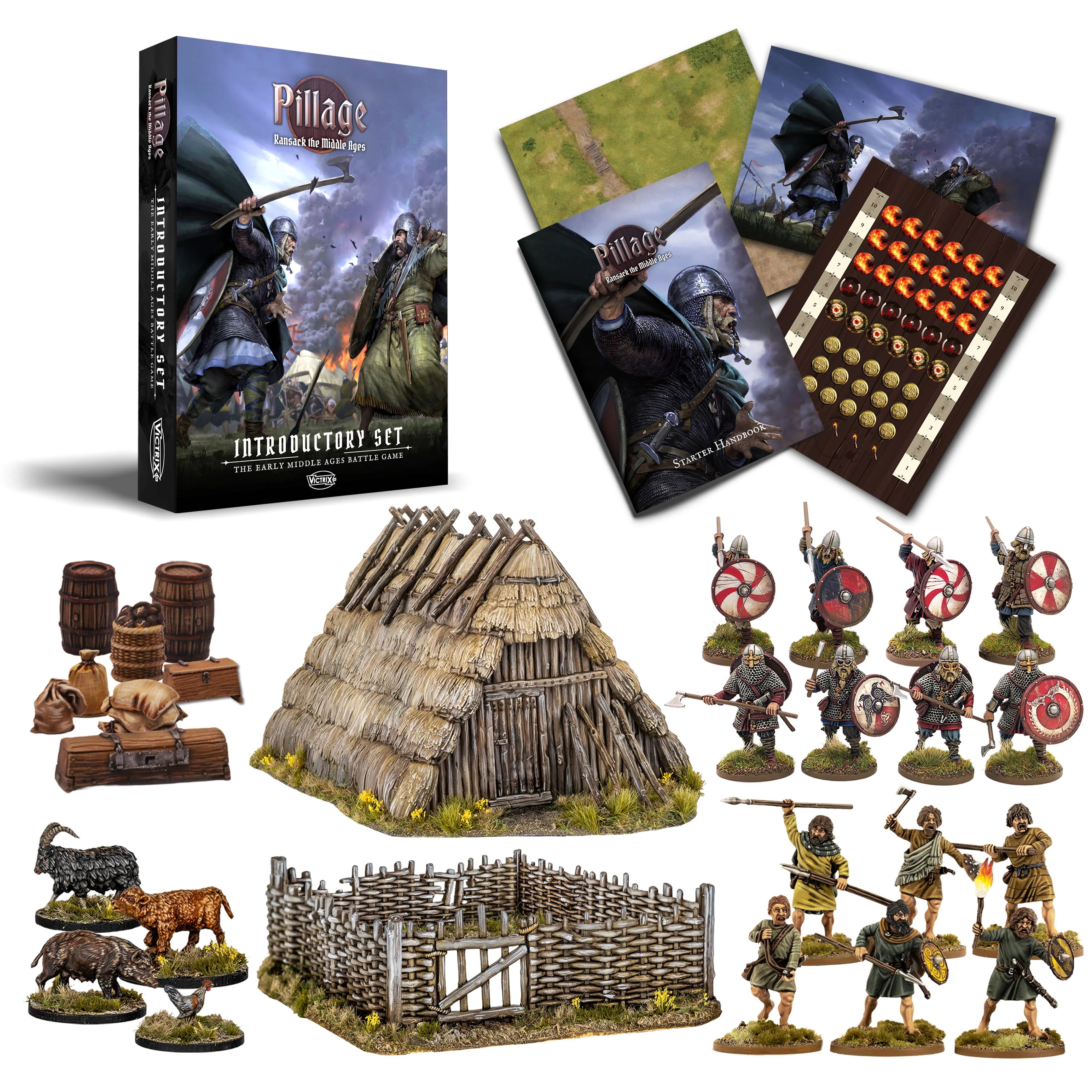 Pillage Introductory Set for tabletop gaming the early Middle Ages, showing the main box, rulebook, dice, terrain pieces, animals, and painted warrior figures on a white background.