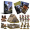 Pillage Introductory Set for tabletop gaming the early Middle Ages, showing the main box, rulebook, dice, terrain pieces, animals, and painted warrior figures on a white background.