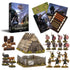 Pillage Introductory Set for tabletop gaming the early Middle Ages, showing the main box, rulebook, dice, terrain pieces, animals, and painted warrior figures on a white background.