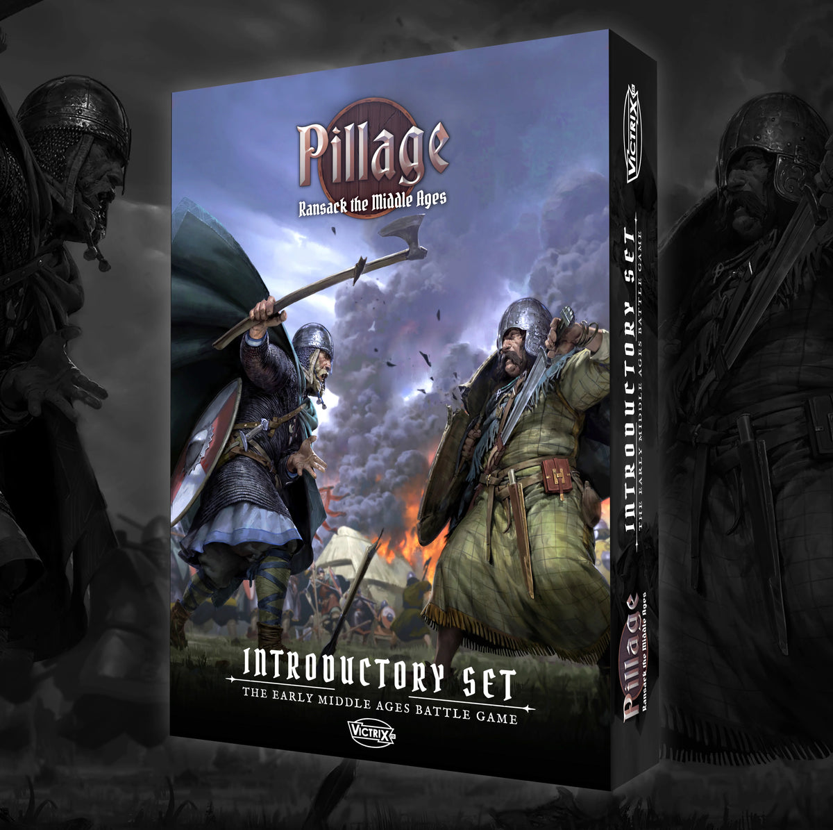 Pillage Introductory Set for The Early Middle Ages Battle Game. Box shown at a three-quarter angle with the front cover and spine visible against a dark, atmospheric background featuring illustrated medieval soldiers.