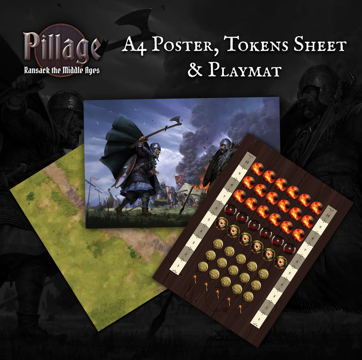 Promotional graphic for 'Pillage: Ransack the Middle Ages' showing an A4 poster, tokens sheet, and playmat. The artwork features fantasy battle scenes with armored figures, a green terrain mat, and a dark wooden playmat with rows of orange and gold tokens.