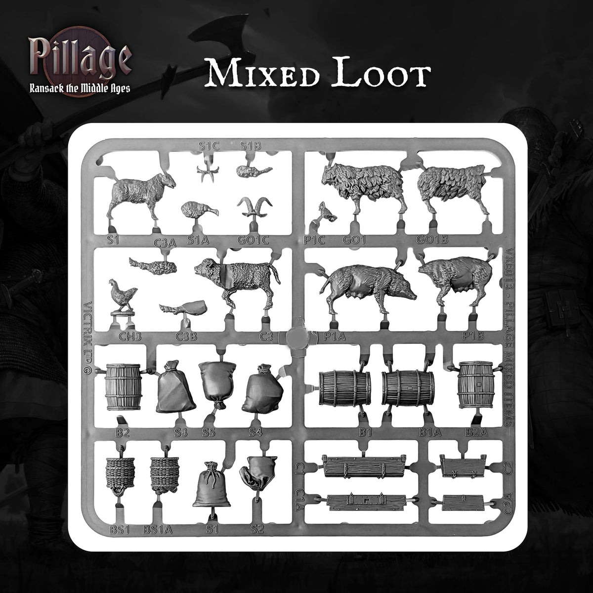 A grey plastic sprue of Victrix miniature gaming pieces labelled 'Mixed Loot' for Pillage, featuring various medieval animal and farm-themed miniatures on a dark-themed background.