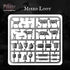 A grey plastic sprue of Victrix miniature gaming pieces labelled 'Mixed Loot' for Pillage, featuring various medieval animal and farm-themed miniatures on a dark-themed background.