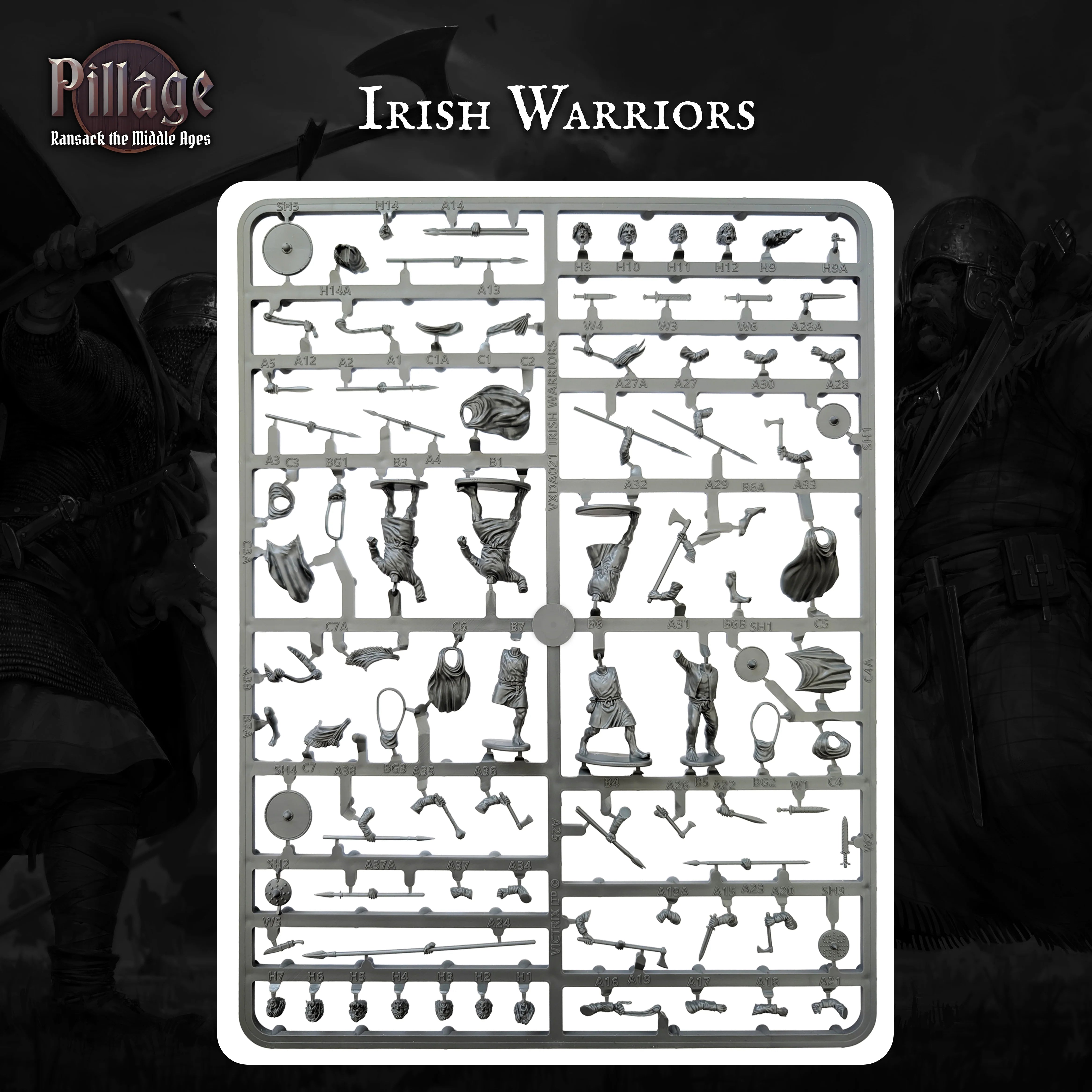 A product display for a Victrix miniature plastic sprue of 'Irish Warriors' figures, featuring various unpainted grey plastic miniatures on a white backing board, set against a dark, atmospheric background depicting historical Irish warriors. The Pillage brand logo is visible in the top left corner.