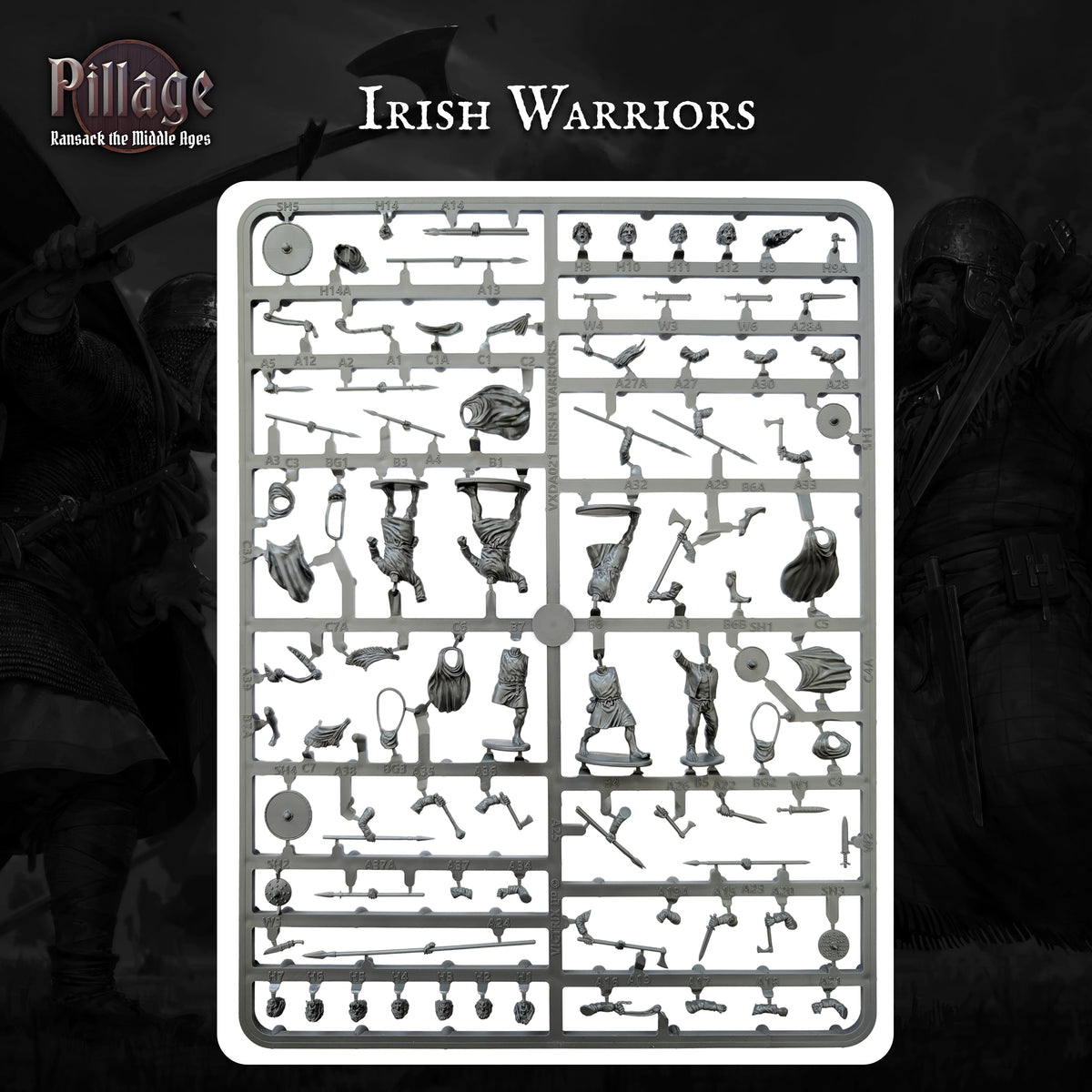 A product display for a Victrix miniature plastic sprue of 'Irish Warriors' figures, featuring various unpainted grey plastic miniatures on a white backing board, set against a dark, atmospheric background depicting historical Irish warriors. The Pillage brand logo is visible in the top left corner.