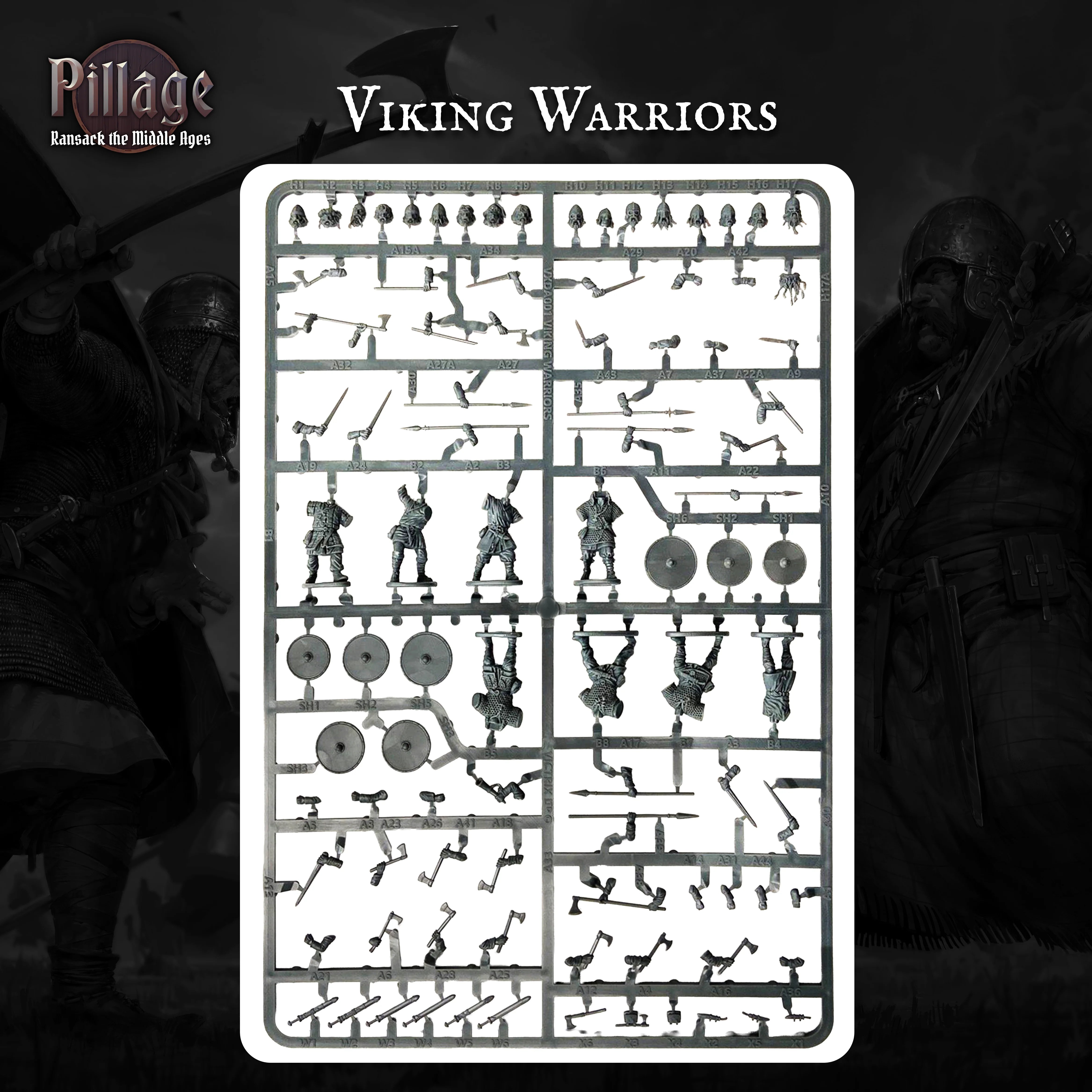 A product display for the Victrix 'Viking Warriors' miniature plastic sprue, featuring various unpainted grey warrior and weapon miniatures attached to a white backing board, set against a dark, atmospheric background of silhouetted Vikings.