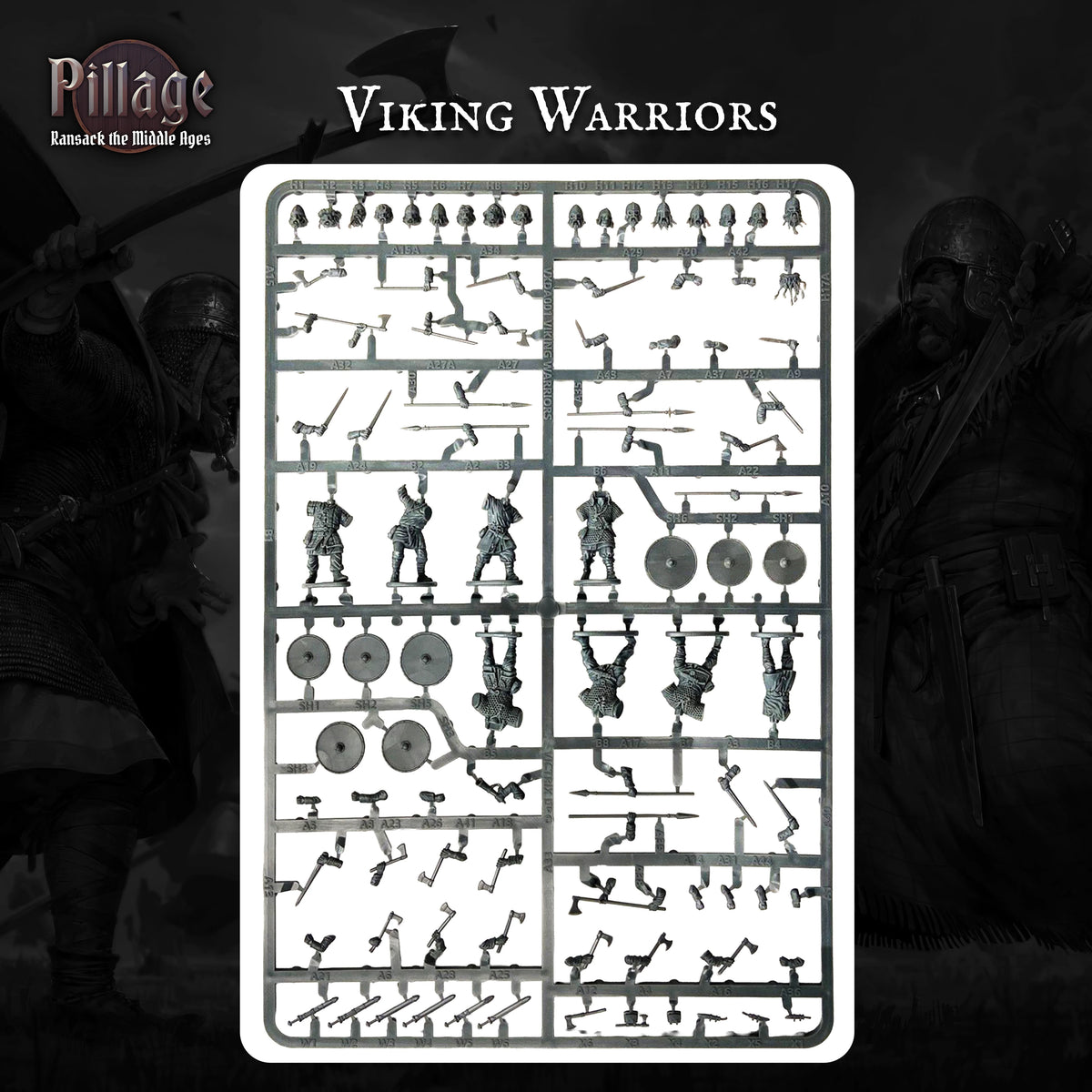 A product display for the Victrix 'Viking Warriors' miniature plastic sprue, featuring various unpainted grey warrior and weapon miniatures attached to a white backing board, set against a dark, atmospheric background of silhouetted Vikings.