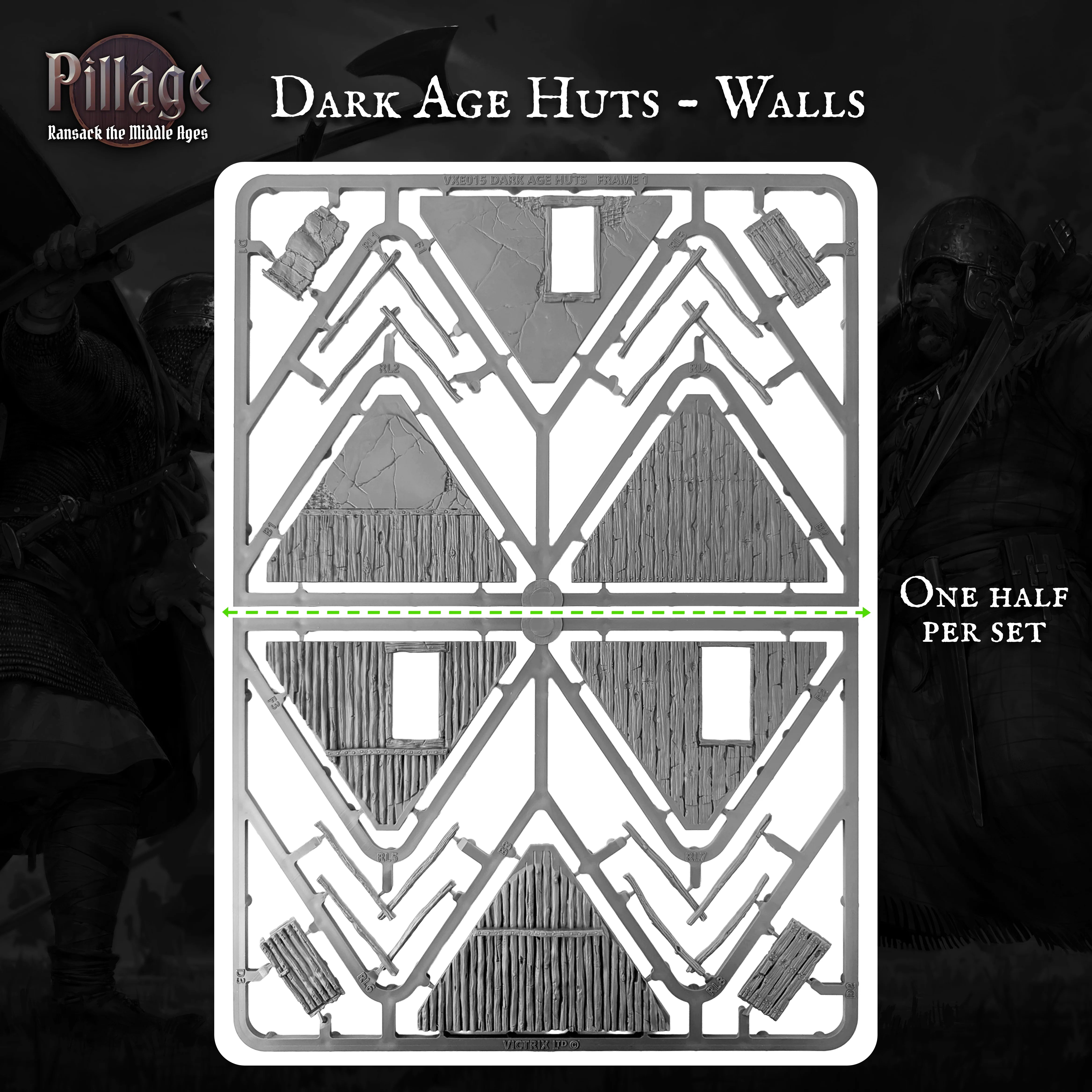 A product layout sheet for miniature wall details, labeled 'Dark Age Huts - Walls' with 'One Half Per Set' text. The sheet shows geometric and hut-like wall patterns in gray and black on a white backing, set against a dark fantasy-themed background with Pillage branding.