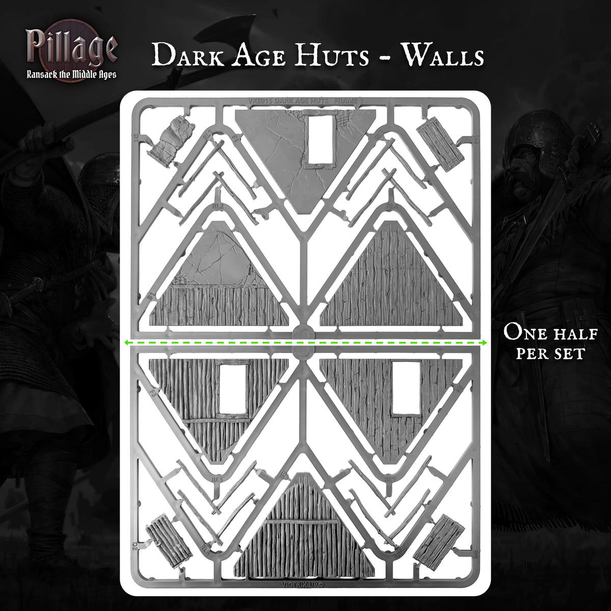 A product layout sheet for miniature wall details, labeled 'Dark Age Huts - Walls' with 'One Half Per Set' text. The sheet shows geometric and hut-like wall patterns in gray and black on a white backing, set against a dark fantasy-themed background with Pillage branding.