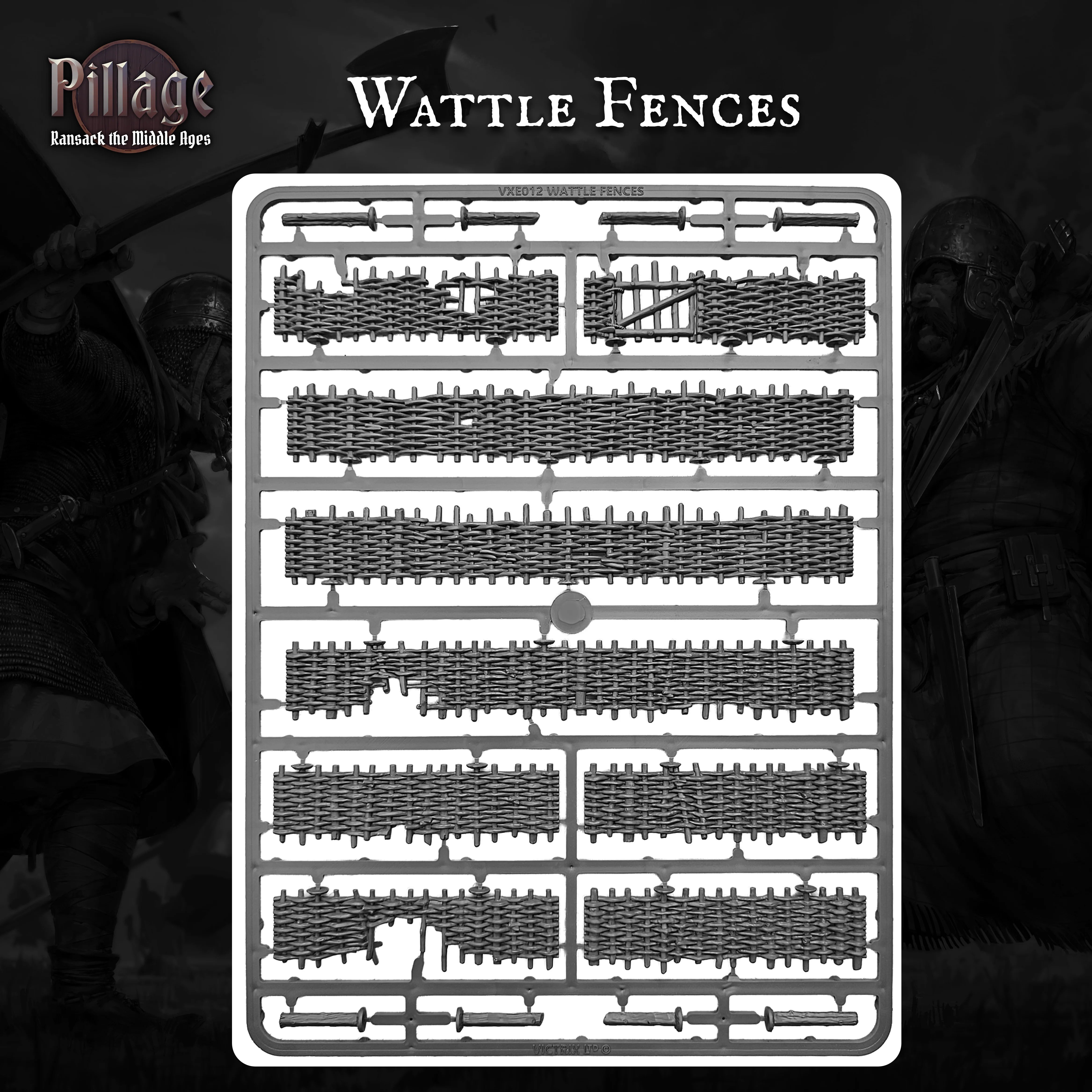 A plastic sprue containing grey miniature wargaming fence pieces, centred on a dark, atmospheric background with the title 'Wattle Fences' and the Pillage logo.