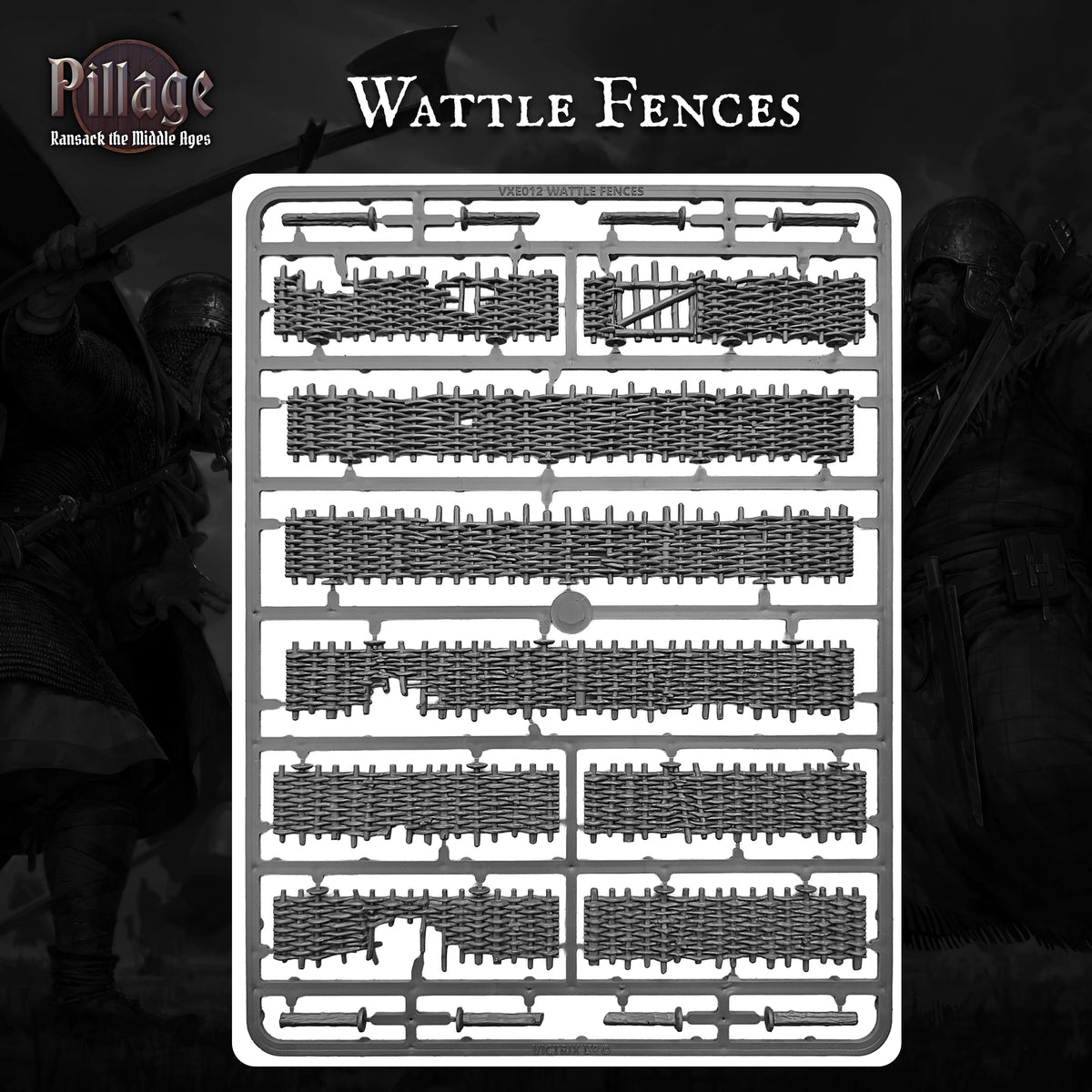 A plastic sprue containing grey miniature wargaming fence pieces, centred on a dark, atmospheric background with the title 'Wattle Fences' and the Pillage logo.