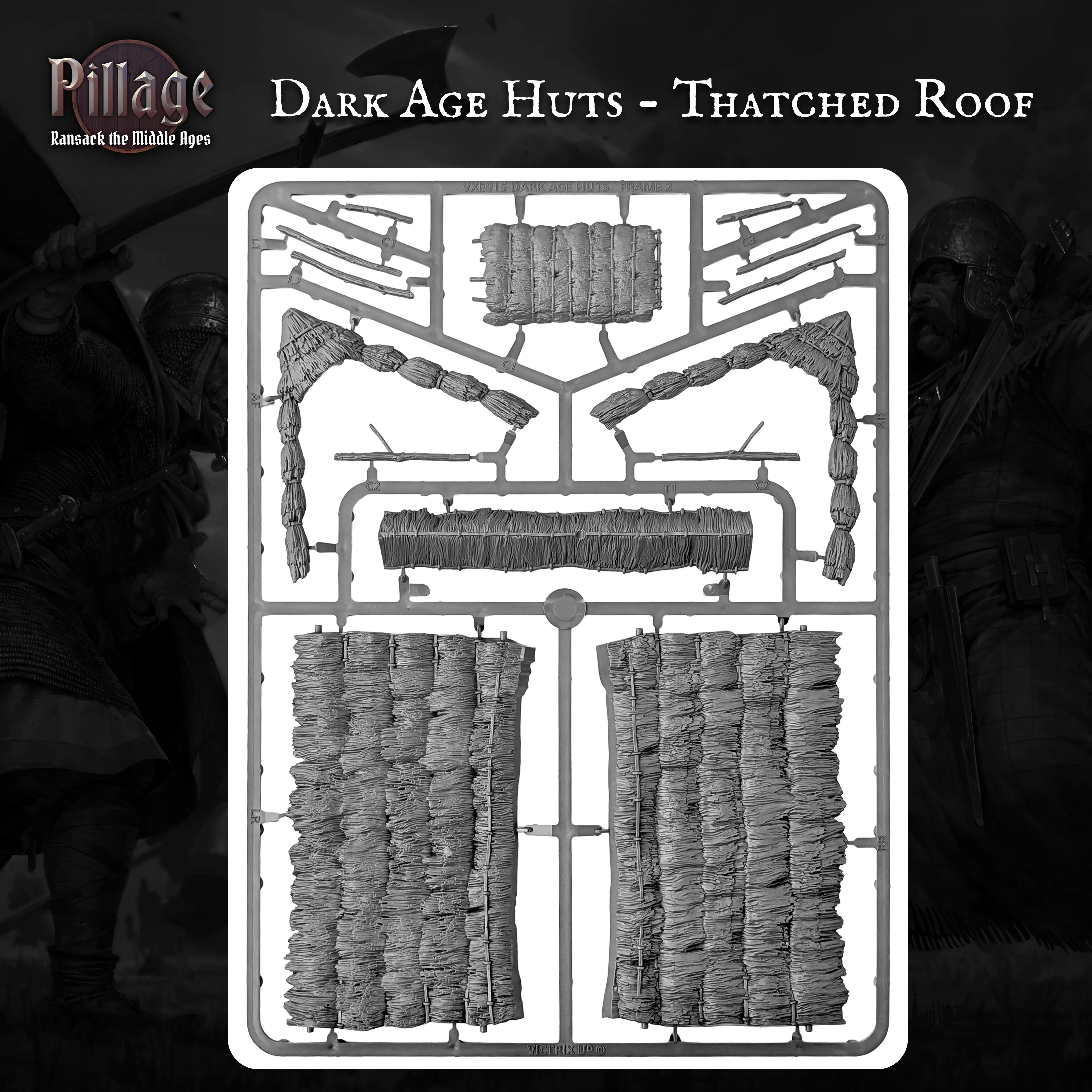 A plastic miniature sprue from Victrix containing grey thatched roof huts, shown against a dark-themed background with the text 'Dark Age Huts - Thatched Roof' and the Pillage brand logo.