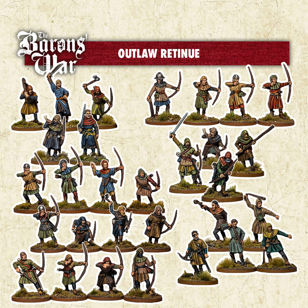 Collection of 30 miniature figures representing medieval outlaws, labelled 'Outlaw Retinue from The Barons' War range.