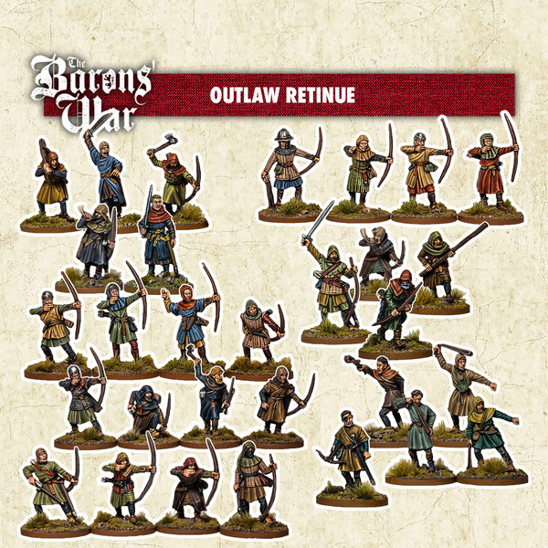 Collection of 30 miniature figures labelled 'Outlaw Retinue' from 'The Barons' War range.