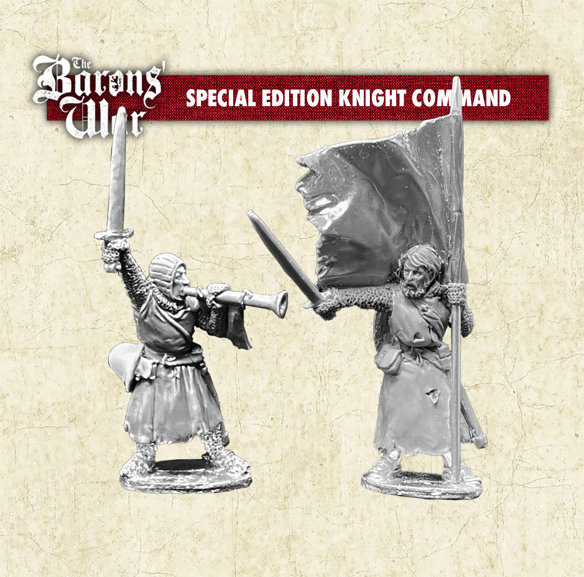 Two metal miniature figures representing Veteran knights, part of the 'Special Edition Knight Command' set from Barons War. One figure is holding a sword, and the other a banner.