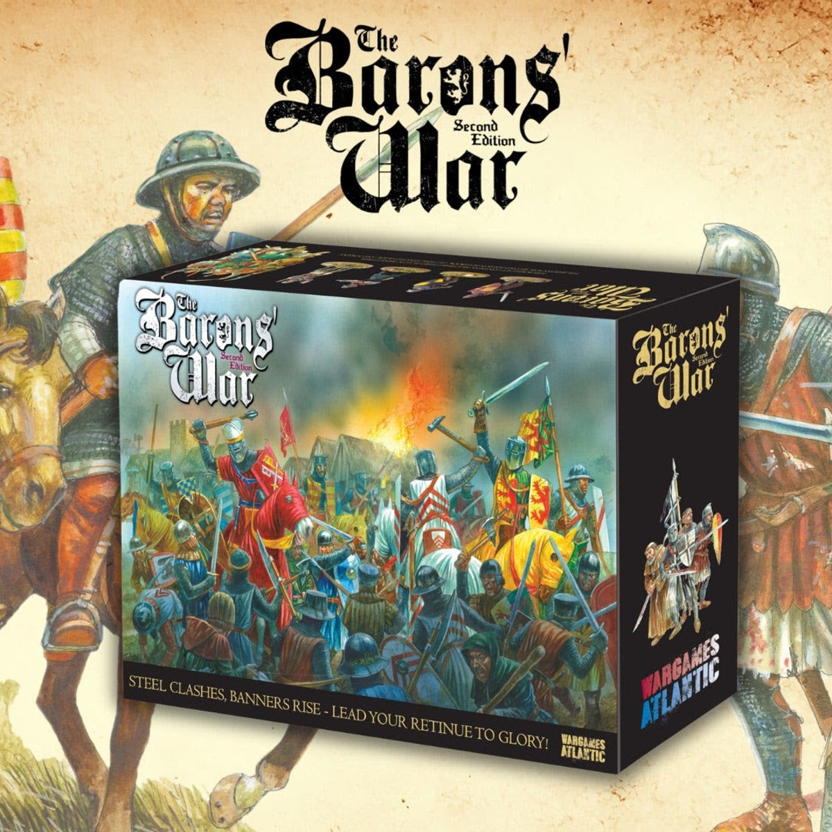 The image shows the product box for 'Barons' War Second Edition Starter' featuring illustrated medieval battle scenes with figures representing 12th-century knights and peasants. 