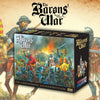 The image shows the product box for 'Barons' War Second Edition Starter' featuring illustrated medieval battle scenes with figures representing 12th-century knights and peasants. 