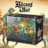 The image shows the product box for 'Barons' War Second Edition Starter' featuring illustrated medieval battle scenes with figures representing 12th-century knights and peasants. 