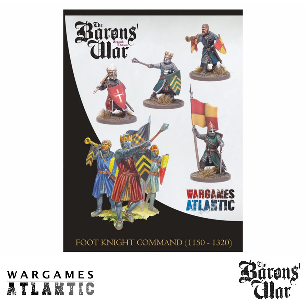 WAAAC010 Foot Knights Command, wargaming figures with a 'Barons' War' and 'Wargames Atlantic' branding on a white background.
