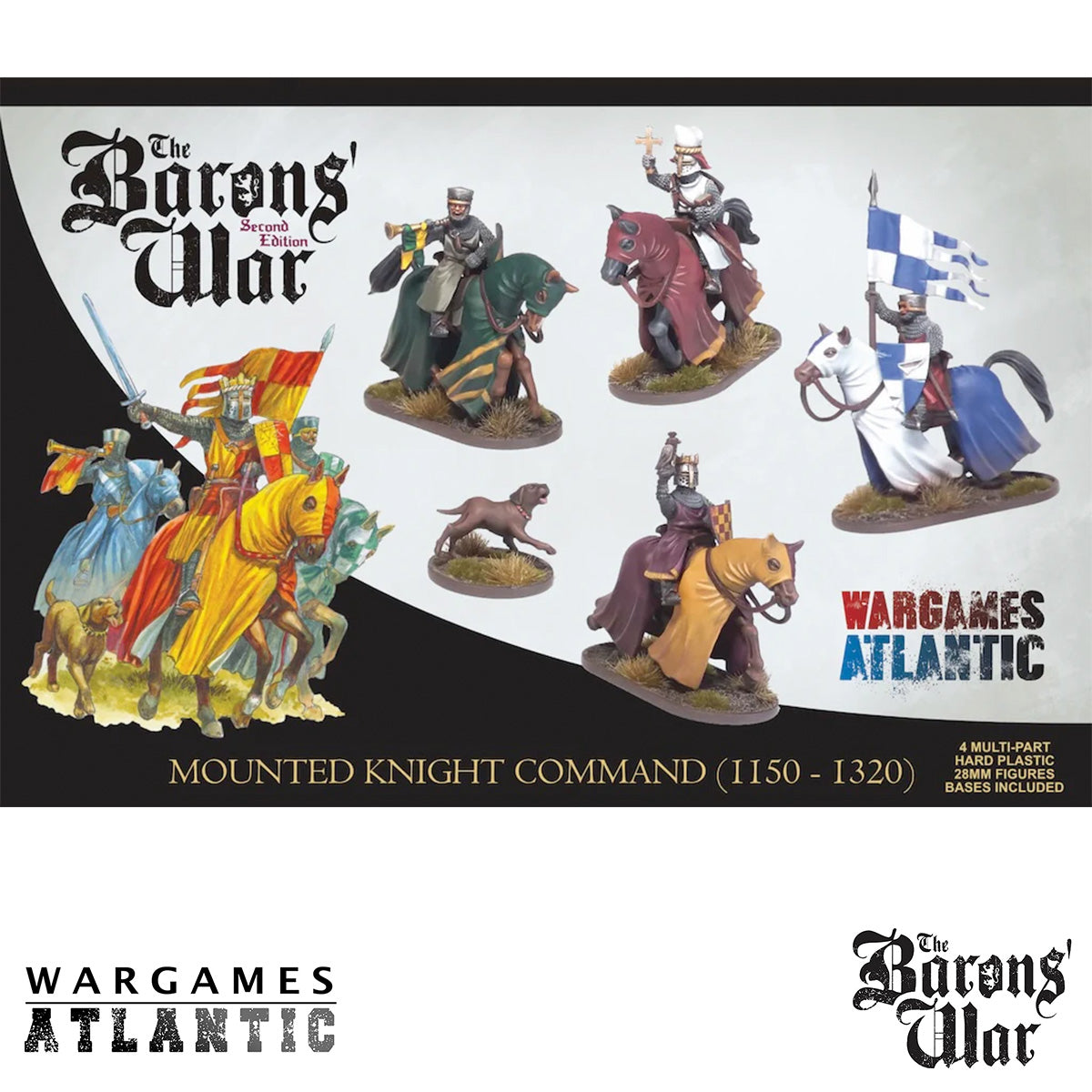 Set of mounted knight Command figurines with 'Wargames Atlantic' branding on a promotional background.