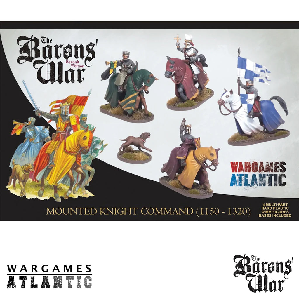 Set of mounted knight Command figurines with 'Wargames Atlantic' branding on a promotional background.