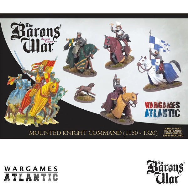 Set of mounted knight Command figurines with 'Wargames Atlantic' branding on a promotional background.