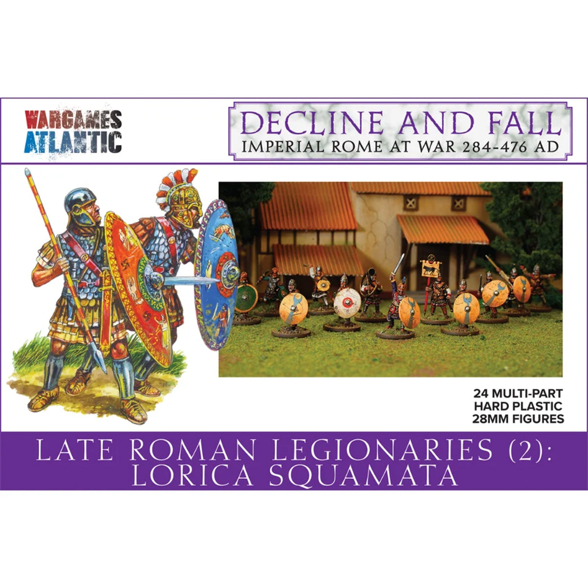 Front cover of a War Games Atlantic product titled 'Decline and Fall: Imperial Rome at War 284-476 AD', featuring illustrated and photographed late Roman legionary figures, shields, and a small diorama scene with buildings and grass.