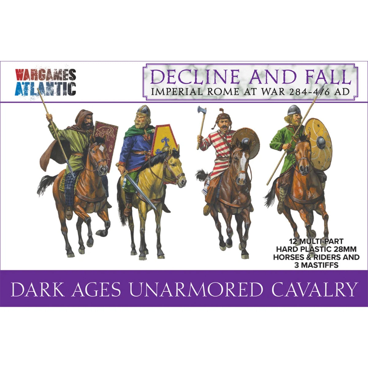 Front cover of the WarGames Atlantic 'Decline and Fall: Imperial Rome at War 284-476 AD' miniatures set, titled 'Dark Ages Unarmored Cavalry'. The box art features illustrations of four different unarmored cavalry miniatures on white and purple backgrounds with product text.