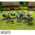A group of painted tabletop wargame miniatures depicting a Viking cavalry unit on a textured green terrain mat, with small thatched-roof huts in the background. The Wargames Atlantic logo is visible at the bottom.