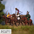 Three painted wargaming miniature riders on horseback, with helmets, shields, swords, and a banner, set in a grassy tabletop terrain with a blurred outdoor-style background. A Wargames Atlantic logo appears in the lower left corner.