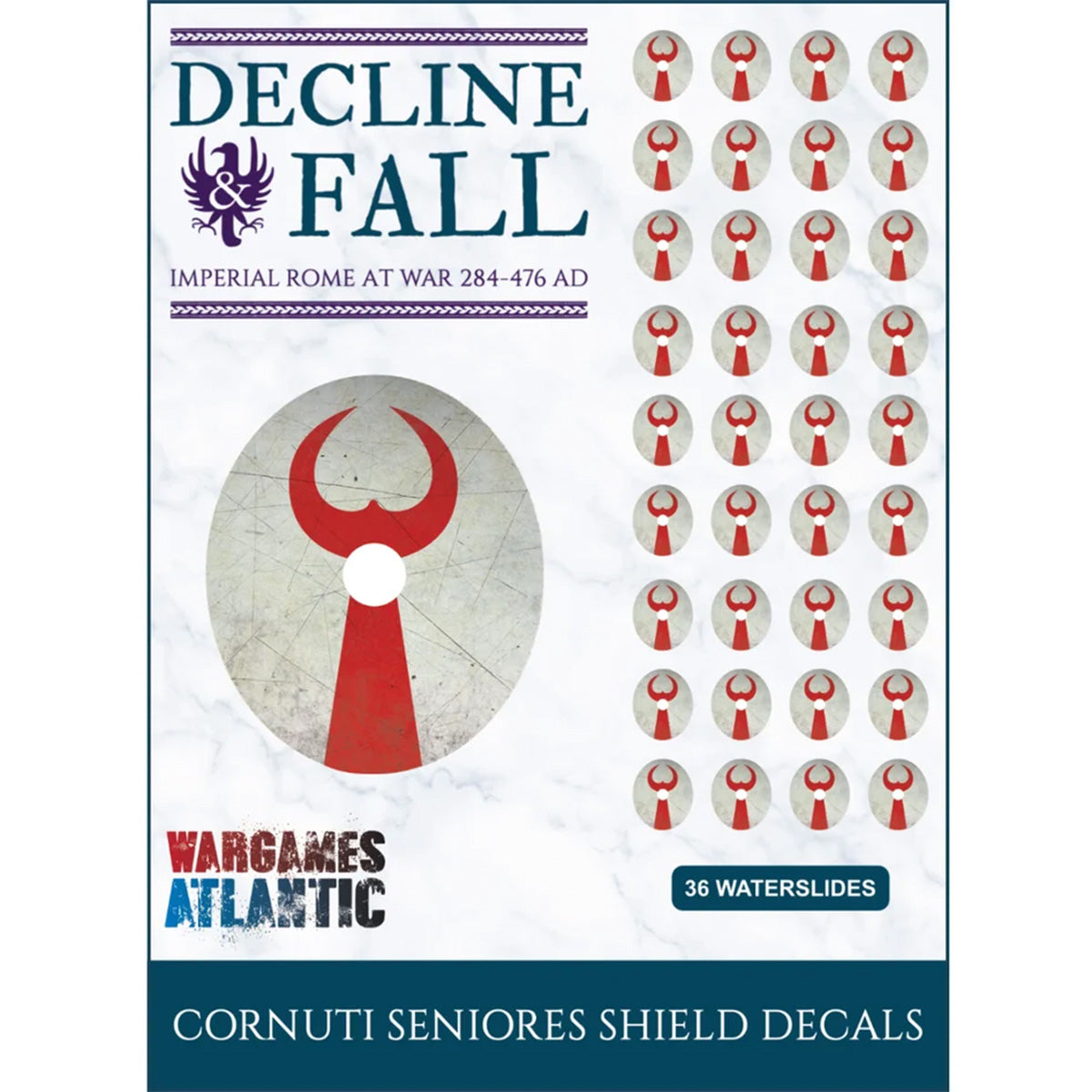 Product packaging for 'Decline Fall: Imperial Rome at War 284-476 AD' Wargames Atlantic Cornuti Seniores Shield Decals, showing 36 red and white circular shield decals on a white marble-textured background.