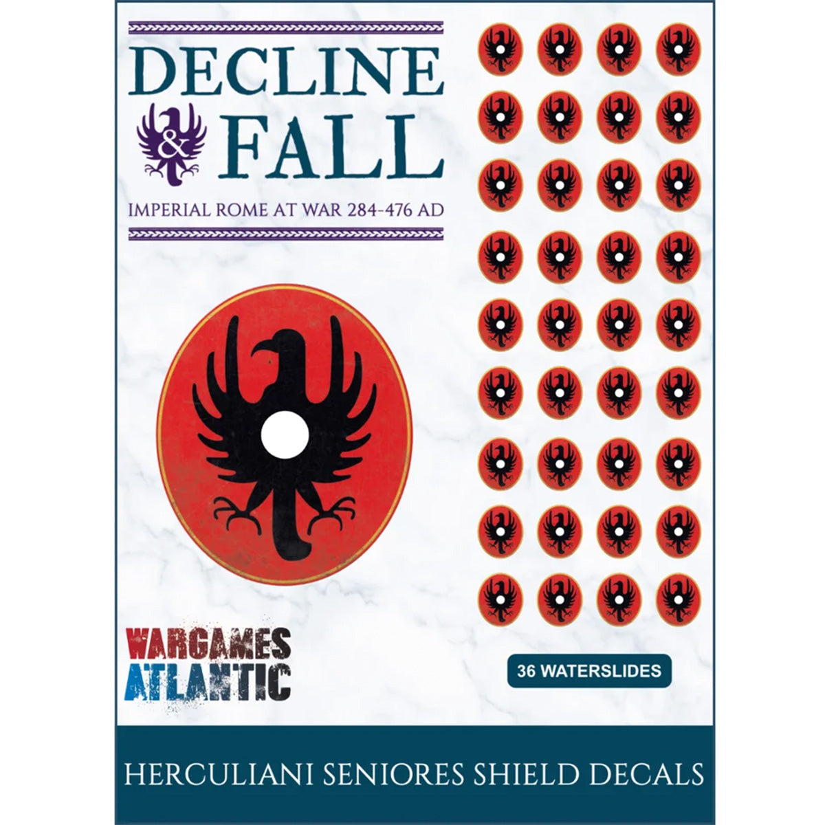 Decal sheet for the Herculiani Seniores, red shield design with black bird over the boss