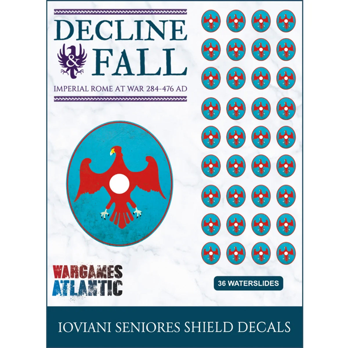 Wargames Atlantic Decline & Fall: Imperial Rome at War 284-476 AD waterslide decal sheet. The packaging features a white marble-textured background with a large circular decal of a red eagle on a teal shield, alongside 36 smaller identical decals arranged in a column on the right.