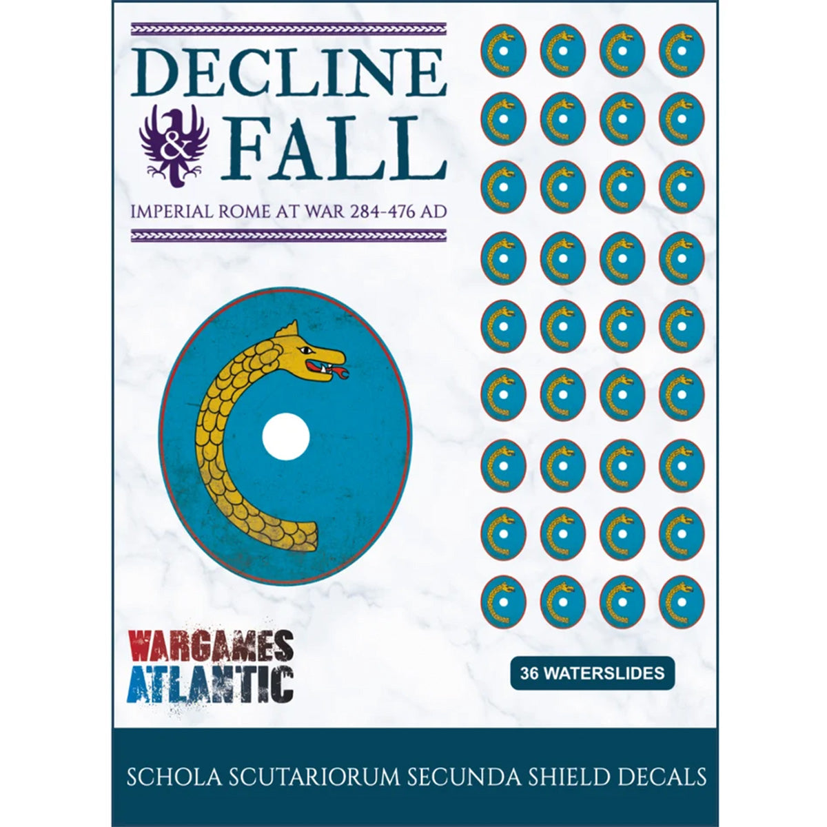 Wargames Atlantic Decline Fall Imperial Rome at War 284-476 AD waterslide shield decals. The packaging shows a blue circular shield decal with a gold dragon design, a grid of 36 matching blue and gold circular decals on the right, and the Wargames Atlantic brand logo.