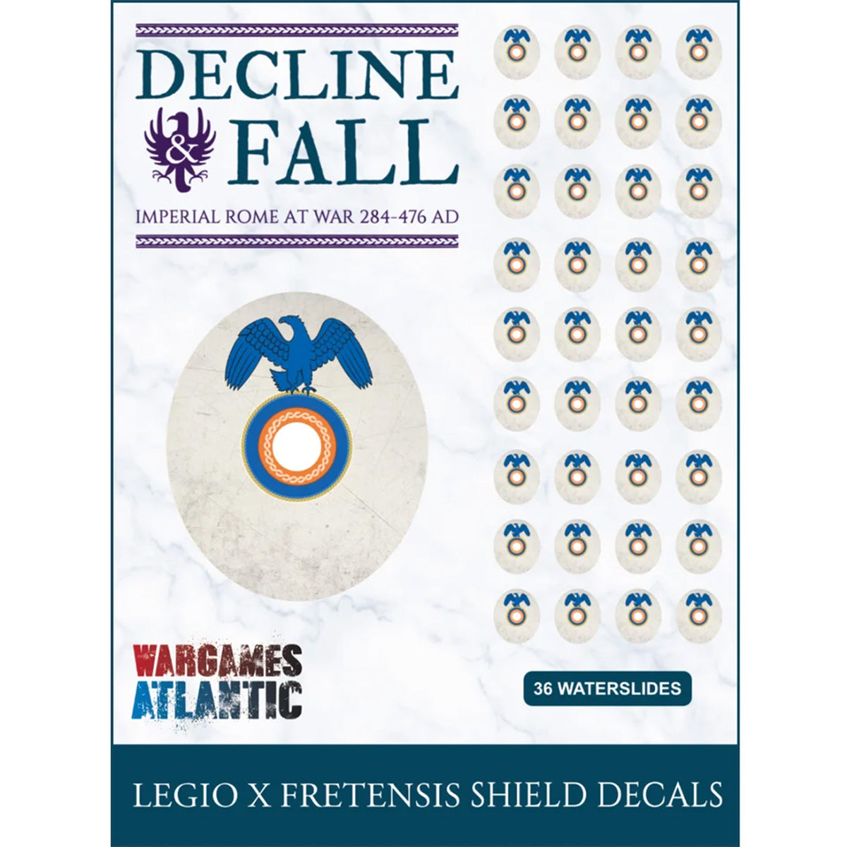 Product packaging for 'Decline Fall' waterslide decals by Wargames Atlantic, featuring the design of Legio X Pretensis shield decals. The packaging displays a preview of the main decal design (an eagle over a circular shield with blue, gold, and orange details) and a sheet of 36 smaller identical decals on the right side, set against a white marble background.