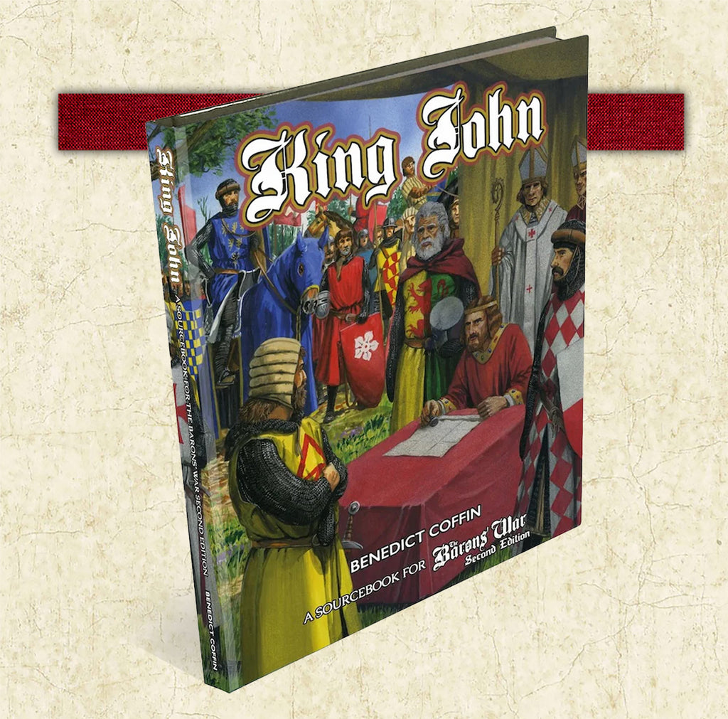 Book titled 'King John' with illustrations of historical figures on a textured beige background