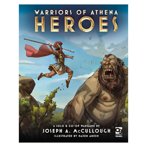 Cover of 'Warriors of Athena Heroes' wargame book with a demi-god warrior and Cyclops illustration.