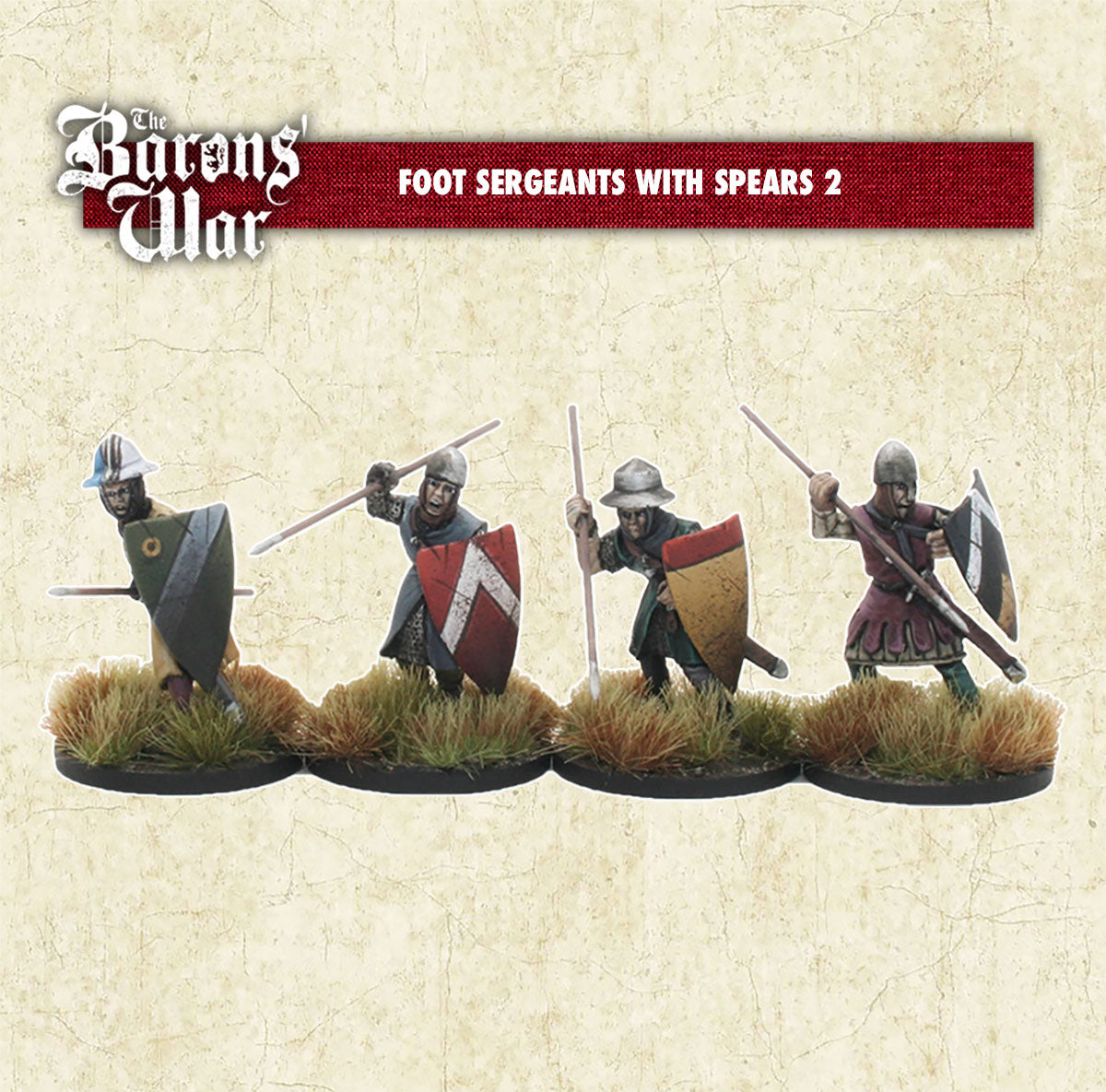 A set of four metal miniatures figures designed as foot sergeants with spears, mounted on round bases, unpainted, from the Barons War line.