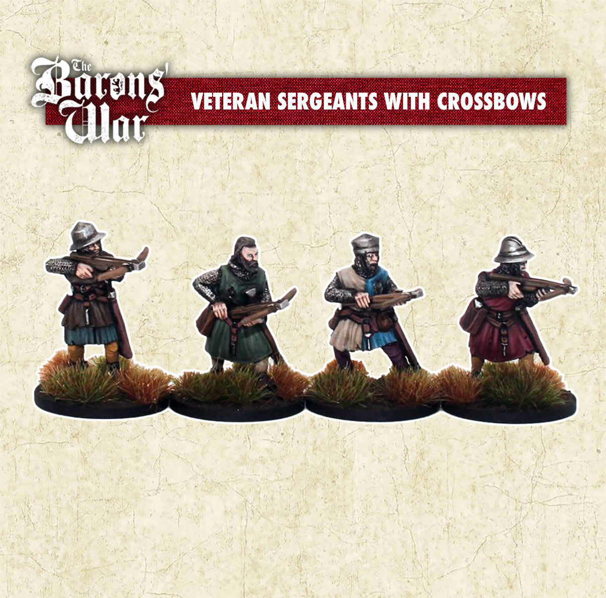 A set of four miniature figures representing veteran sergeants with crossbows, from the Baron's War line, positioned on a grassy base.