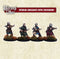 A set of four miniature figures representing veteran sergeants with crossbows, from the Baron's War line, positioned on a grassy base.