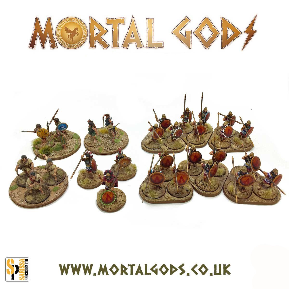A collection of based miniature figures for the Mortal Gods game, featuring various groups of characters in battle poses on the MDF bases needed for a Lochos. Figures are not included in the actual product.