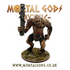 A miniature figurine of a mythological creature, identified as a cyclops, standing on a round base, painted with details on its skin and clothing, holding a club, with a logo 'Mortal Gods' in the background.