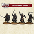 Four painted metal figures representing Military Order knights on foot (pack2), positioned on round bases, part of the Barons War game series.