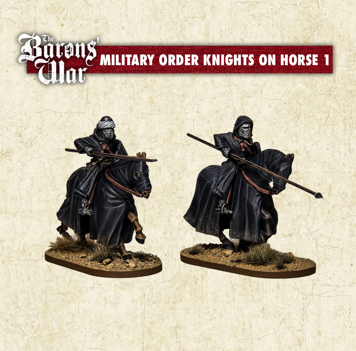 Two mounted figures representing Military Order Knights on horseback, part of the Barons War game series, displayed on a beige background.