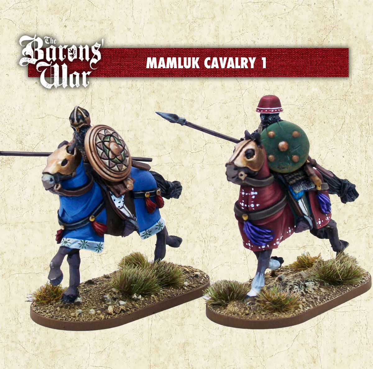Two mounted figures representing Mamluk cavalry, one in blue attire and the other in red, with barded horses, shields, and spears.