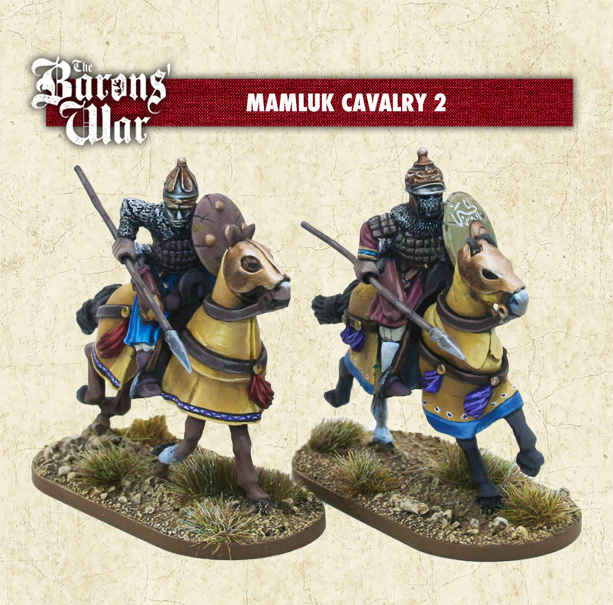 Two mounted figures representing Mamluk cavalry, one in blue and one in gold armor, with barded horses and Forces of Islam shields.