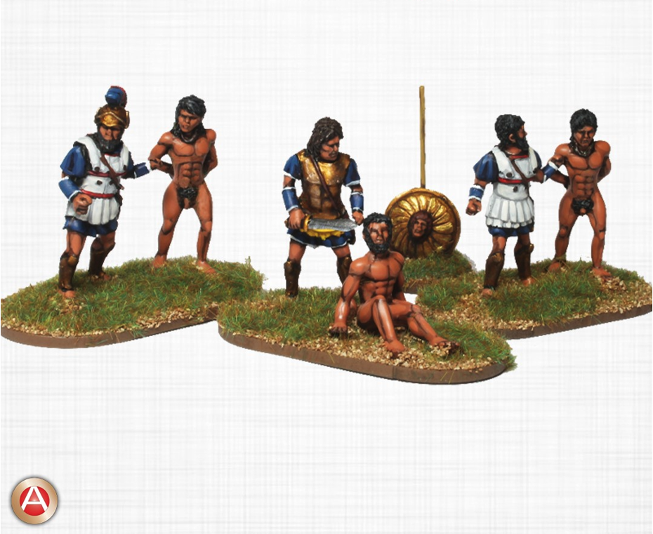 A set of six painted miniature figures depicting a scene of ancient Greek mythology, Achilles and Myrmidons at Troy. Arranged on a grassy base.