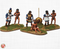 A set of six painted miniature figures depicting a scene of ancient Greek mythology, Achilles and Myrmidons at Troy. Arranged on a grassy base.