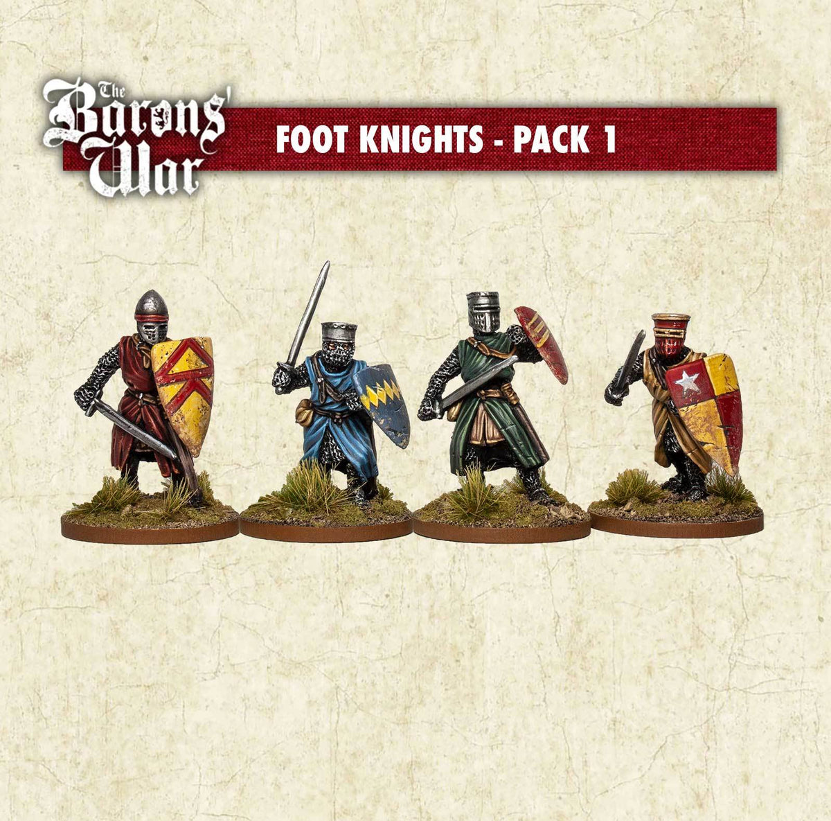 Four painted metal miniature figures representing foot knights, each with different armor designs and holding shields, from the Barons War game set.